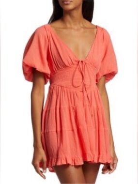 Free People x Revolve Coral Open Back Mini Dress Sz S Puff Sleeve Smocked Boho